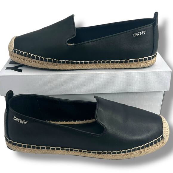 DKNY Black Leather Espadrille Flats Size 10 Slip On Loafers Coastal Classic EUC - Picture 1 of 11